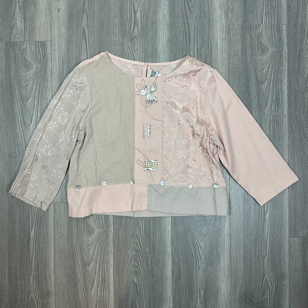 Vintage Nancy Bolen City Girl Pink Jacquard Embroidered‎ Top Petite Large